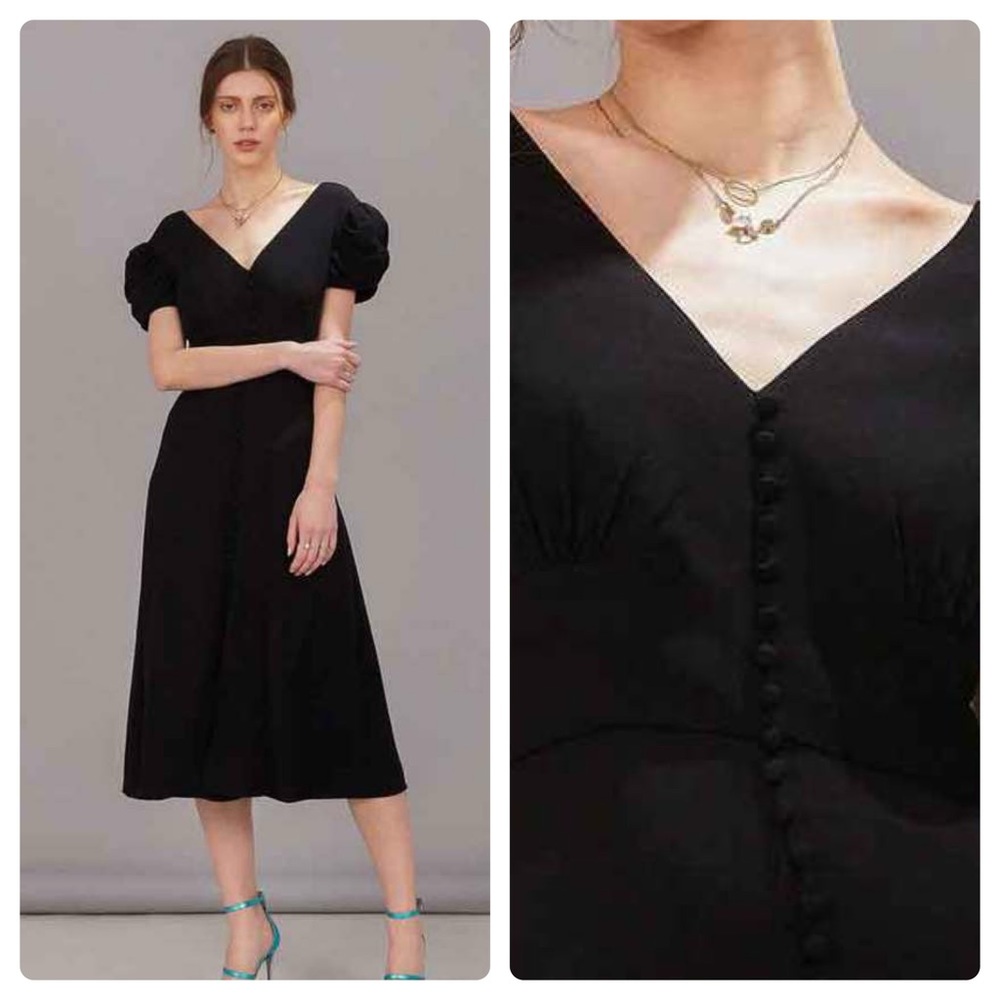 Saloni Sz 8 Margot Puff Sleeve Midi Fit & Flare Black Dress